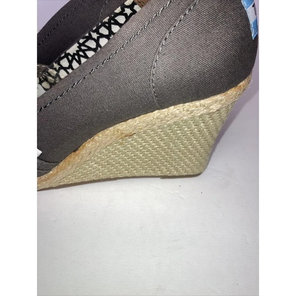 TOMS Calypso Grey Peep Toe Espadrille Wedge Canvas Sandals Heels Shoes Sz7